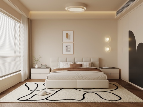  现代奶油风卧室 双人床 衣柜3d模型 