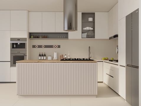  现代奶油风厨房 L型厨房 岛台厨房 厨房用品组合 冰箱 烤箱3d模型 