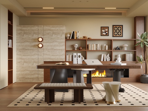 现代书房 书桌椅 背景墙su模型