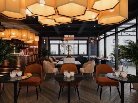  复古工业风咖啡馆 斑驳墙面 弧形吧台 复古吊灯 餐厅场景3d模型 