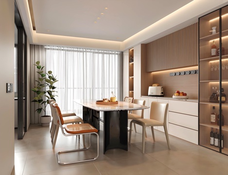  现代餐厅 酒柜 餐桌椅 绿植盆栽3d模型 