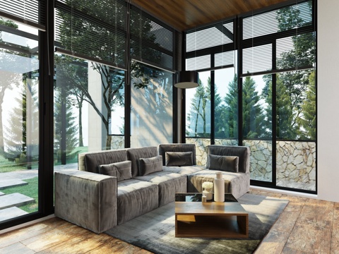  现代简约别墅阳光房花园 木结构天花 全景窗 碎石庭院 落地玻3d模型 