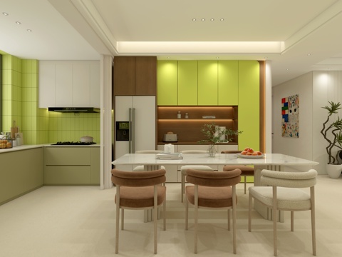  包豪斯多巴胺餐厅 酒柜 餐桌厨房 橱柜 冰箱电器 餐边柜3d模型 