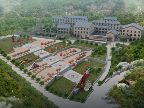 新中式红色教育基地 革命教育 党建教育 党史教育 研学基地su模型