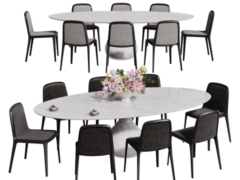 现代桌椅组合 餐桌组合 大理石餐桌 长桌 休闲桌椅su模型