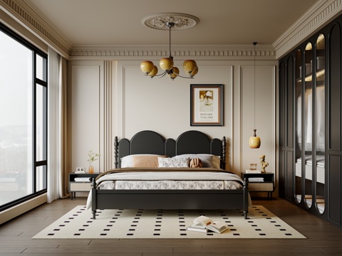  法式中古风卧室 实木双人床 床头柜 吊灯 挂画 地毯su模型 