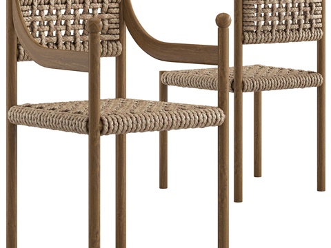  新中式中古风藤编木质单椅3d模型 