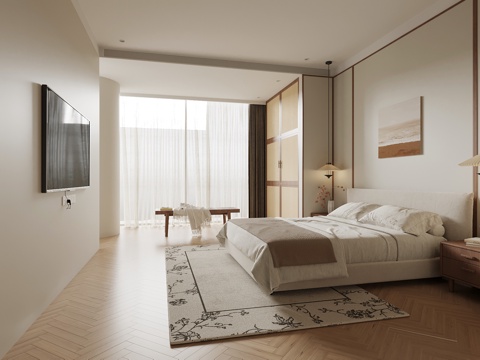 现代中古风卧室 双人床 衣柜su模型