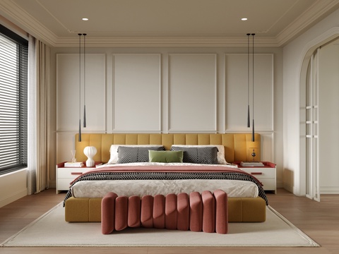 现代卧室 双人床 床尾凳su模型