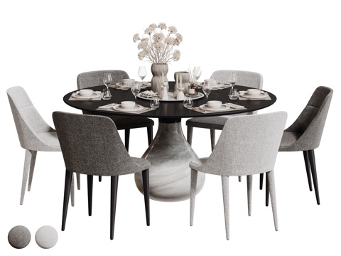  现代轻奢餐桌椅 餐桌组合 圆形餐桌 包厢餐桌椅 多人餐桌椅3d模型 