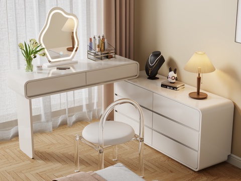  奶油风梳妆台 妆凳组合 梳妆台 妆凳 镜子 装饰品 挂画3d模型 