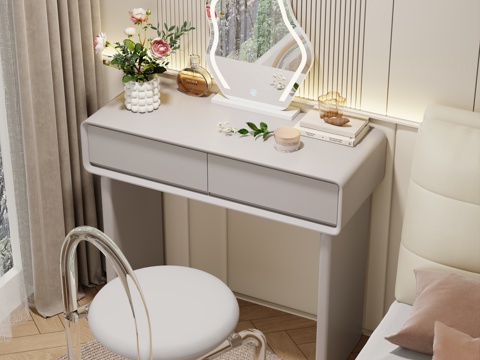  奶油风梳妆台 妆凳组合 梳妆台 妆凳 镜子 装饰品 挂画3d模型 