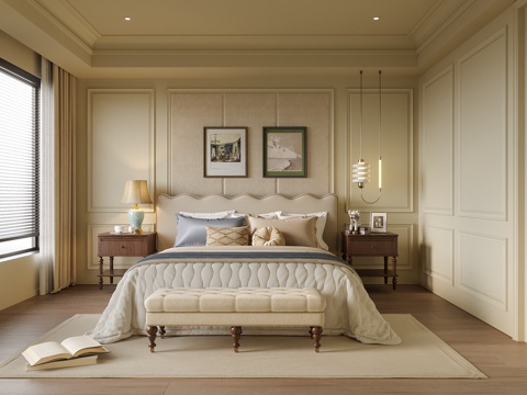 美式卧室 双人床 床尾凳 床头柜su模型