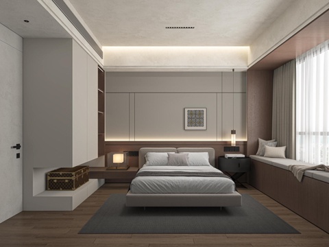 现代简约卧室飘窗卧室3d模型 