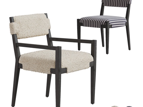 法式中古风单椅组合 扶手椅 餐椅 木椅 羊羔毛 休闲椅 条纹su模型