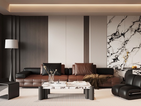 现代意式餐厅 沙发茶几组合 电视背景墙su模型