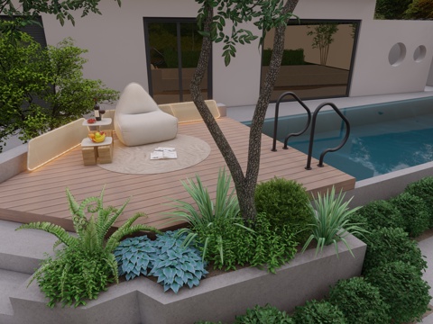 现代户外 庭院花园泳池 无边框泳池 休闲木平台 懒人沙发 屏su模型