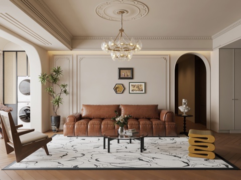  法式中古风客厅  法式奶油风客厅 法式沙发茶几3d模型 