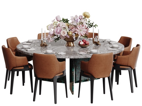  现代轻奢餐桌椅 餐桌组合 圆形餐桌 包厢餐桌椅 多人餐桌椅3d模型 