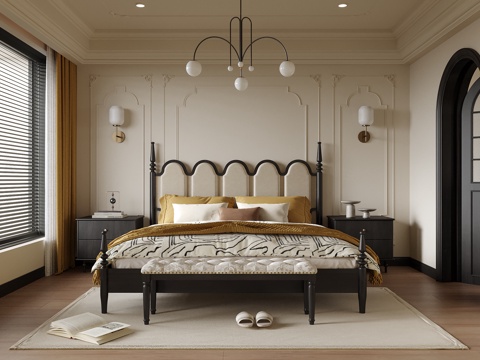 法式卧室 双人床 床尾凳3d模型 