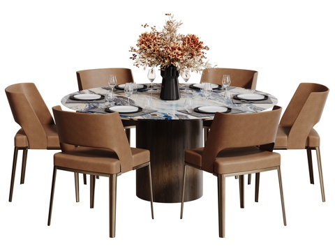 现代轻奢餐桌椅 餐桌组合 圆形餐桌 包厢餐桌椅 多人餐桌椅su模型