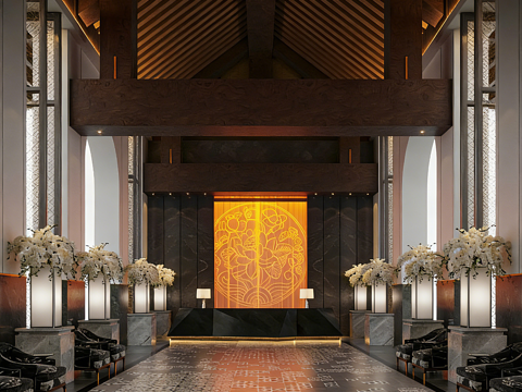  新中式奢华酒店大堂 螺旋楼梯 大理石前台 艺术花柱 星级酒店3d模型 