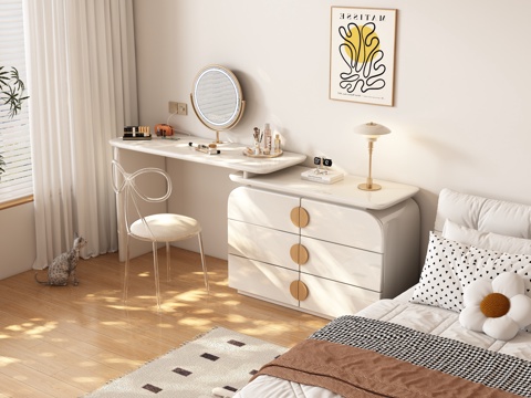  现代奶油风卧室 梳妆台3d模型 