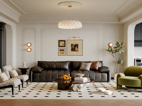  法式中古风客厅 沙发茶几 多人沙发 休闲椅 吊灯 挂画 地毯3d模型 