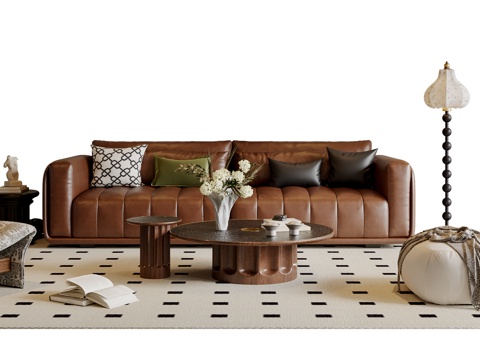 法式沙发茶几组合 多人沙发 休闲沙发 落地灯 地毯su模型