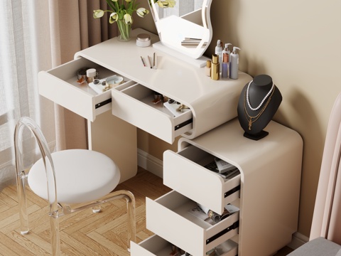  奶油风梳妆台 妆凳组合 梳妆台 妆凳 镜子 装饰品 挂画3d模型 