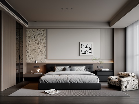 现代意式卧室 皮质双人床 床头柜 吊灯 挂画 衣柜su模型