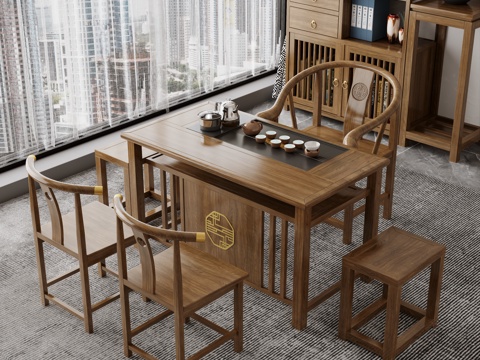  茶室 泡茶桌椅组合 大板桌  茶具3d模型3d模型 