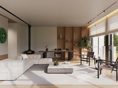  侘寂奶油风客厅 大平层 客厅书房一体 原木奶油风客厅3d模型 