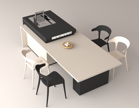 现代厨房岛台 一体式厨房餐桌 黑白配色家具 开放式厨房家具su模型