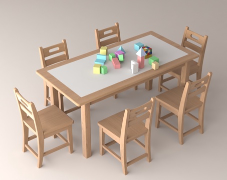 儿童桌椅 实木学习桌 幼儿园桌椅 益智积木桌 亲子互动桌椅su模型
