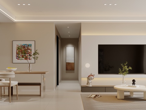  现代奶油风客餐厅3d模型 