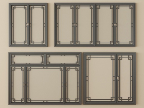  新中式镂空窗 平开窗 阳台窗3d模型 