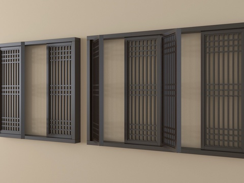  新中式镂空窗 平开窗 阳台窗3d模型 