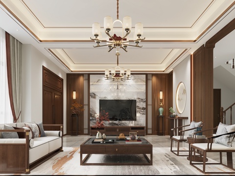  新中式客餐厅 玄关墙 电视背景 吊灯 沙发背景 家具3d模型 