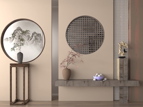 圆形装饰元素 中式玄关装饰 山水意境摆件 木质家具装饰su模型