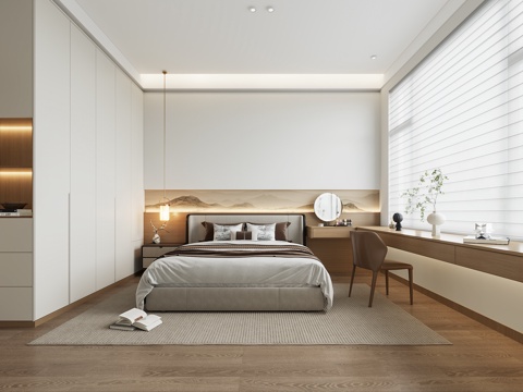  新中式卧室 床头吊灯 椅子 床头背景3d模型 