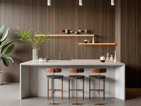 现代简约吧台组合 吧台 吧椅 饰品 酒瓶 酒水 绿植 摆件su模型