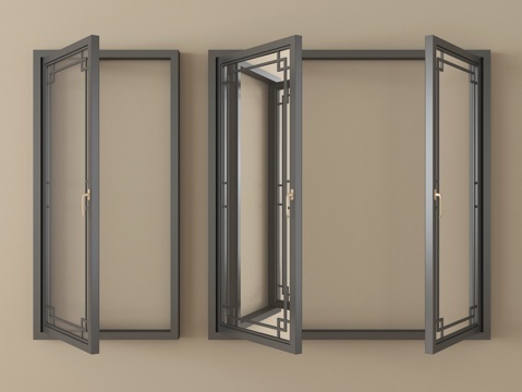  新中式镂空窗 平开窗 阳台窗3d模型 