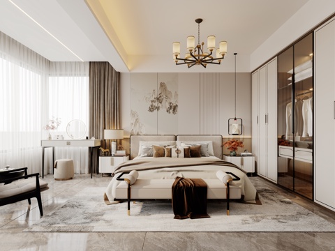  新中式卧室3d模型 