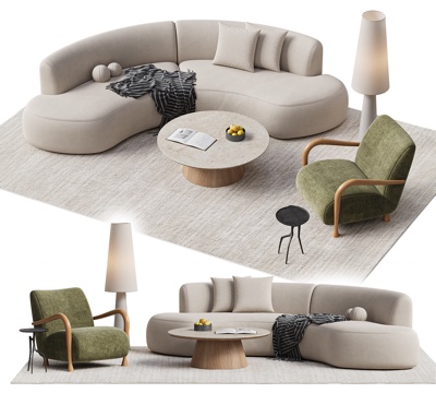 现代沙发茶几组合 弧形沙发 休闲椅 落地灯 茶几 地毯su模型