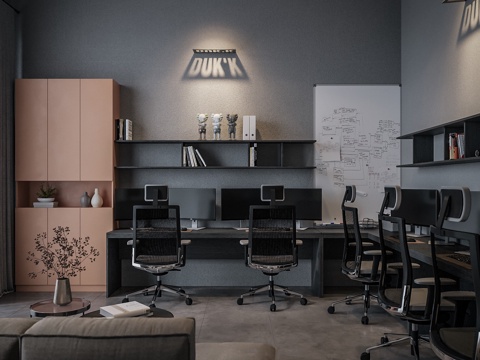  现代工业风办公空间 办公室 黑色人体工学椅 KAWS潮玩3d模型 