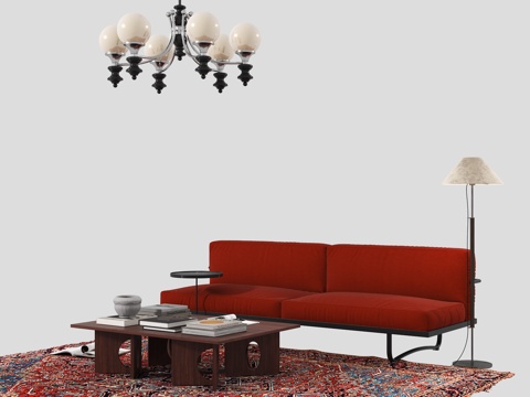  复古沙发茶几吊灯组合3d模型 