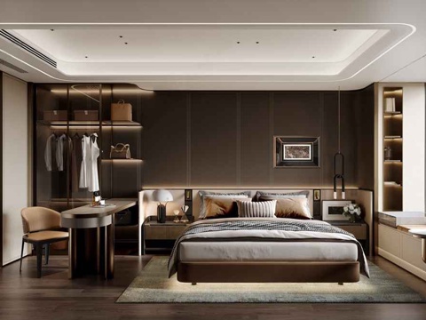  现代轻奢卧室 主卧样板间 主卧 轻奢双人床 书桌椅3d模型 