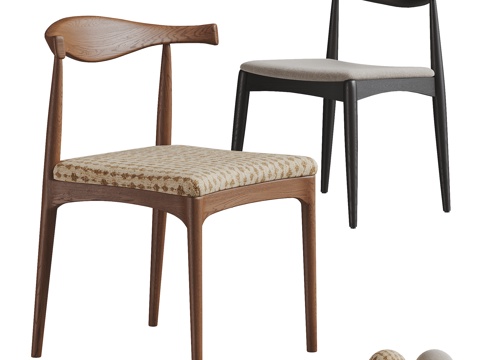  侘寂中古风餐椅组合 单椅 木椅 休闲椅 布艺单椅3d模型 