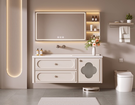 奶油风浴室柜 洗手柜su模型